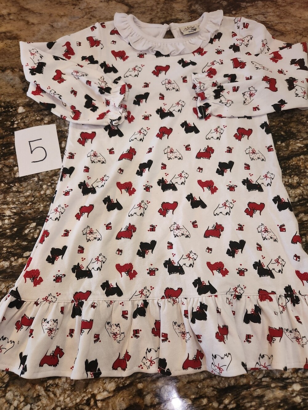 Girls White Ruffle Collar Dress with Red & Black Scottie Dog Print